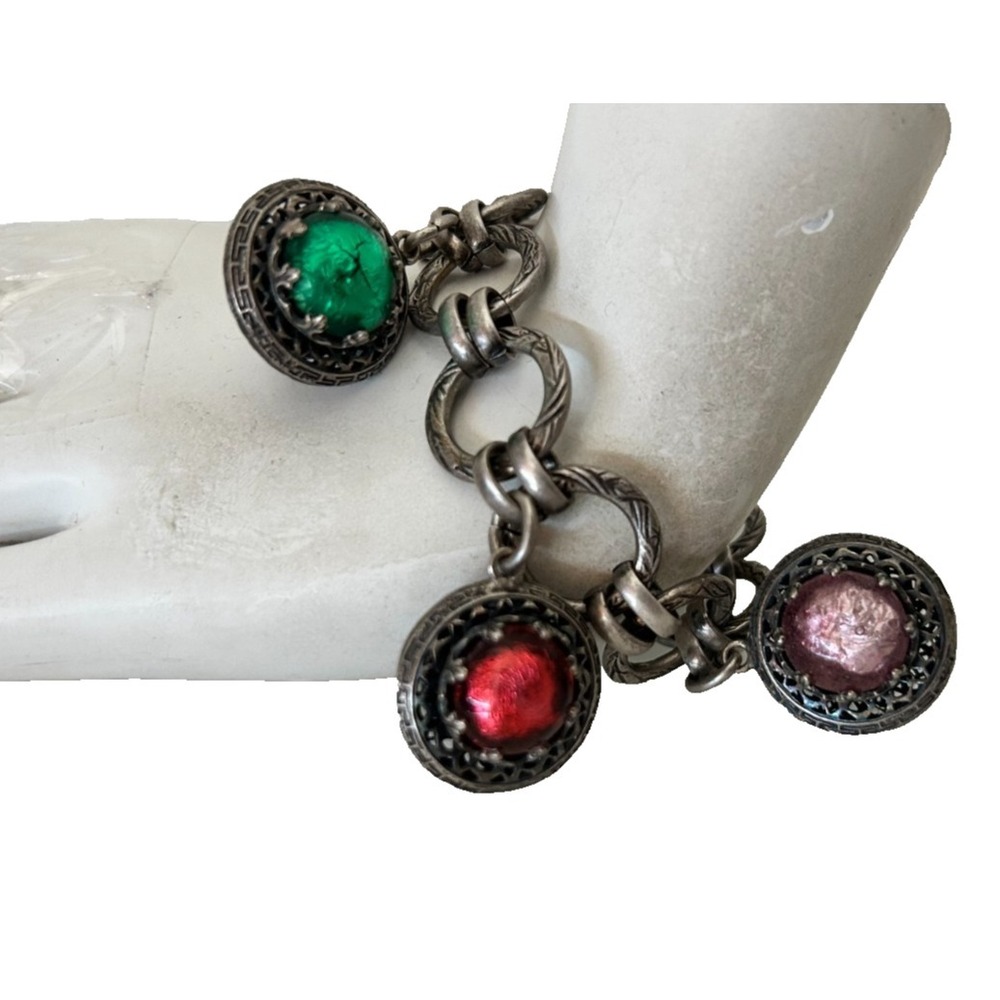 Vintage 70s Made in France Silver Charm Bracelet Art Glass Foil Cabochon Toggle